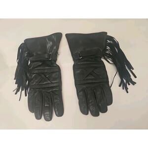 Womens First Genuine Leather Black Gloves With Fringe Size S Biker